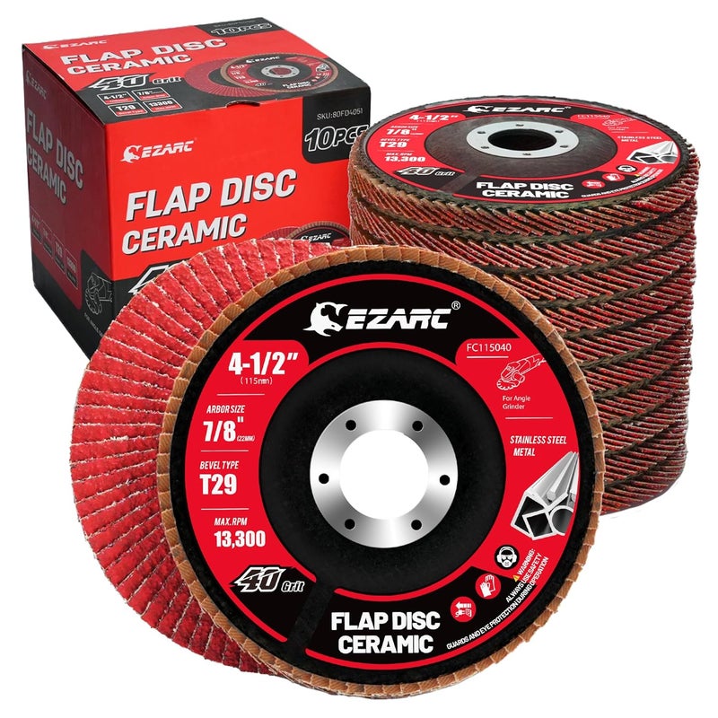 EZARC Ceramic Flap Discs 40 Grit, 4 1/2 x 7/8-Inch Flap Sanding Disc, Type 29 Ceramic Grinding Wheel for Stainless Steel, Non-Ferrous Metal, Cast Iron, Sheet Metal, 10 Pack - Image 1